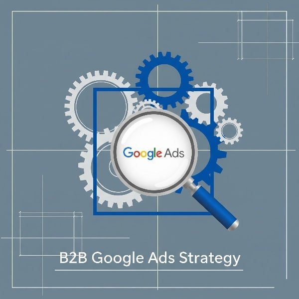 Symbolic image illustrating B2B Google Ads strategy: magnifying glass focusing on the Google logo over gears and a blueprint,emphasizing precision and planning.