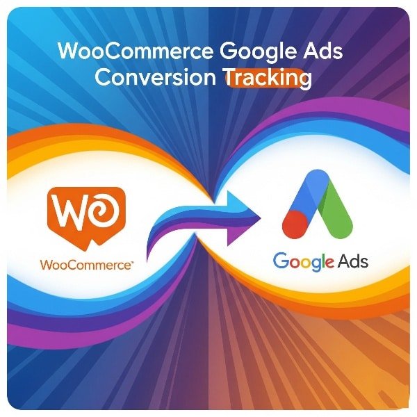 WooCommerce Google Ads conversion tracking is visualized with brand logos connected by a colorful data arrow.